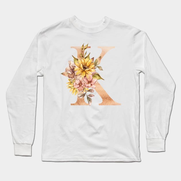 Watercolor sunflower bouquet monogram letter K Long Sleeve T-Shirt by tiana geo